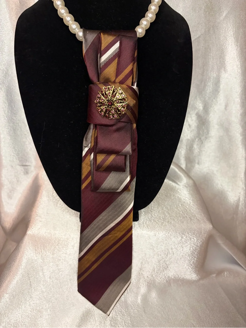 Vince Camuto Burgundy Gold Striped Silk Scarf Tie